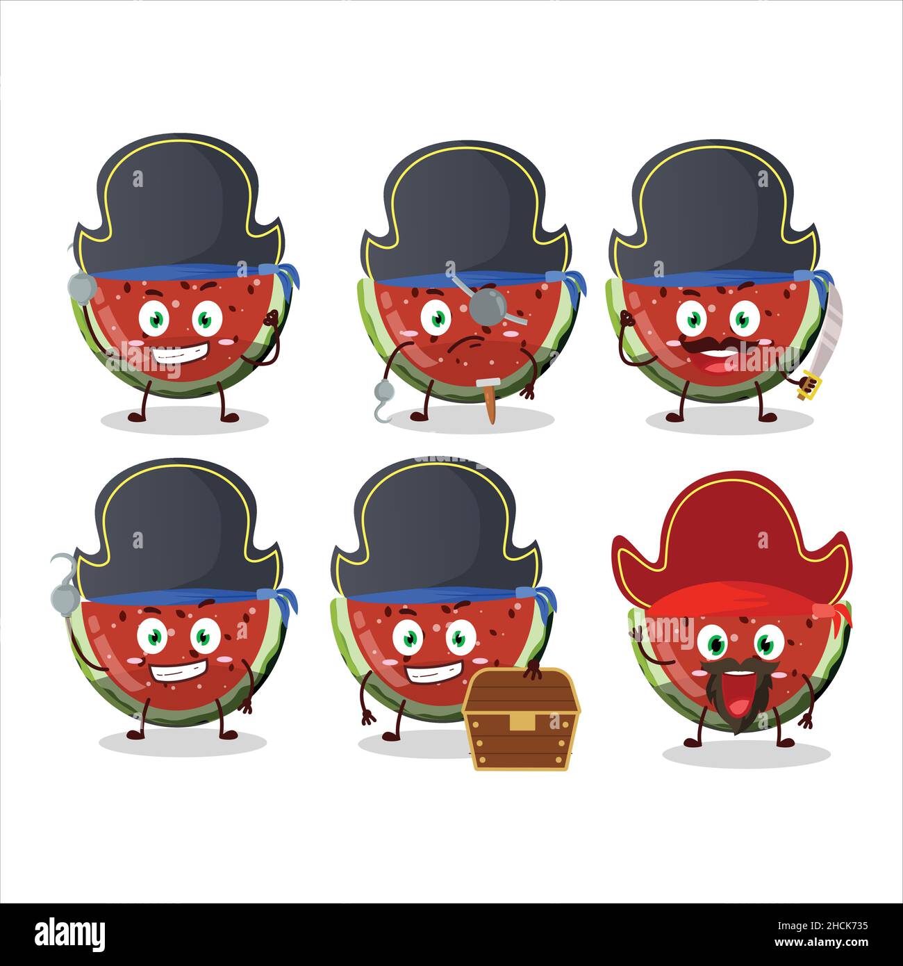 Cartoon-Charakter der Wassermelone Gummy Candy mit verschiedenen Piraten Emoticons. Vektorgrafik Stock Vektor