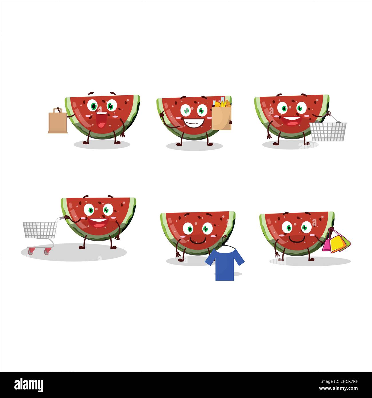 Eine reiche Wassermelone Gummy Süßigkeiten Maskottchen Design-Stil gehen einkaufen. Vektorgrafik Stock Vektor