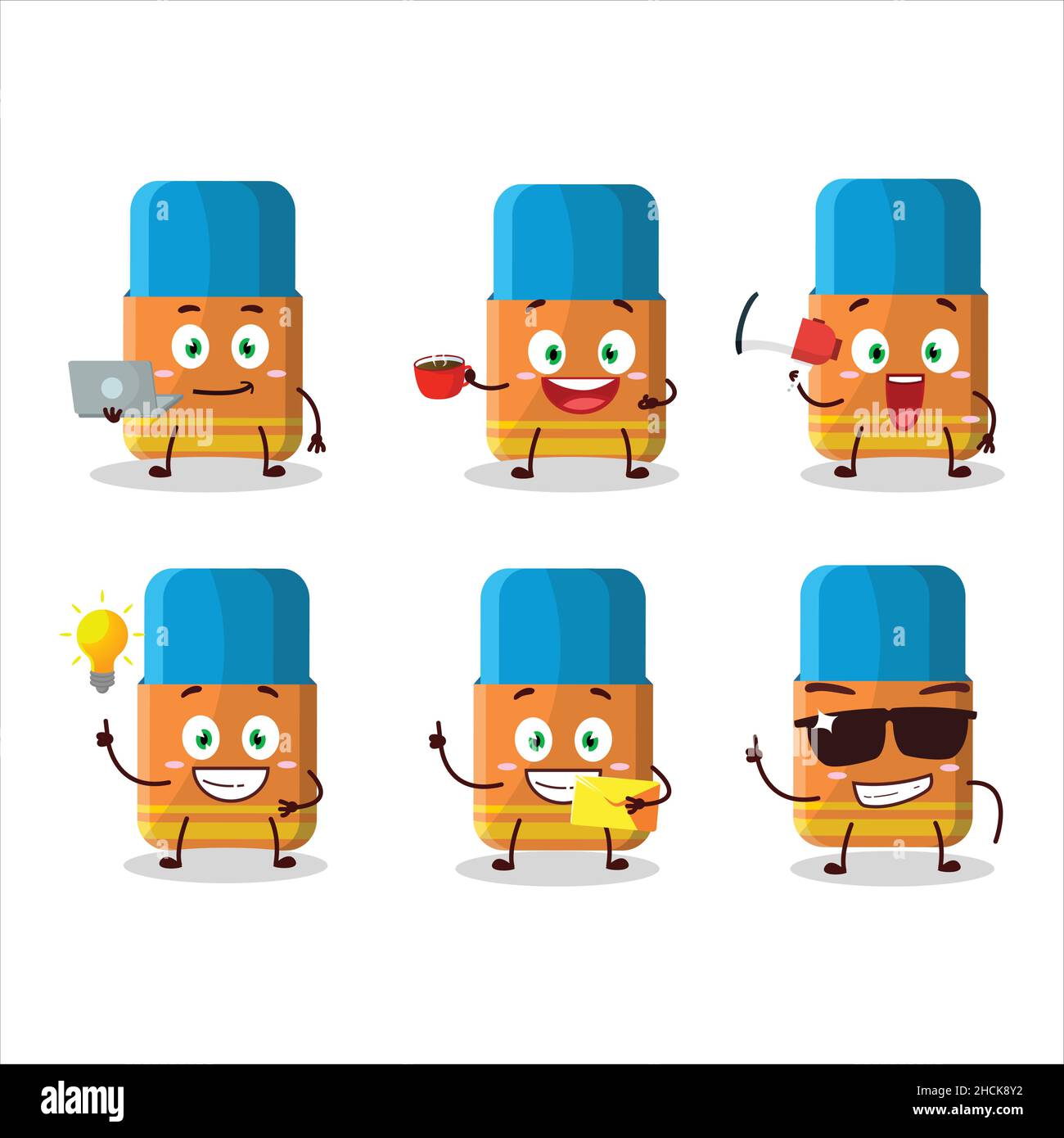 Orange Radiergummi Cartoon-Figur mit verschiedenen Arten von Business-Emoticons. Vektorgrafik Stock Vektor