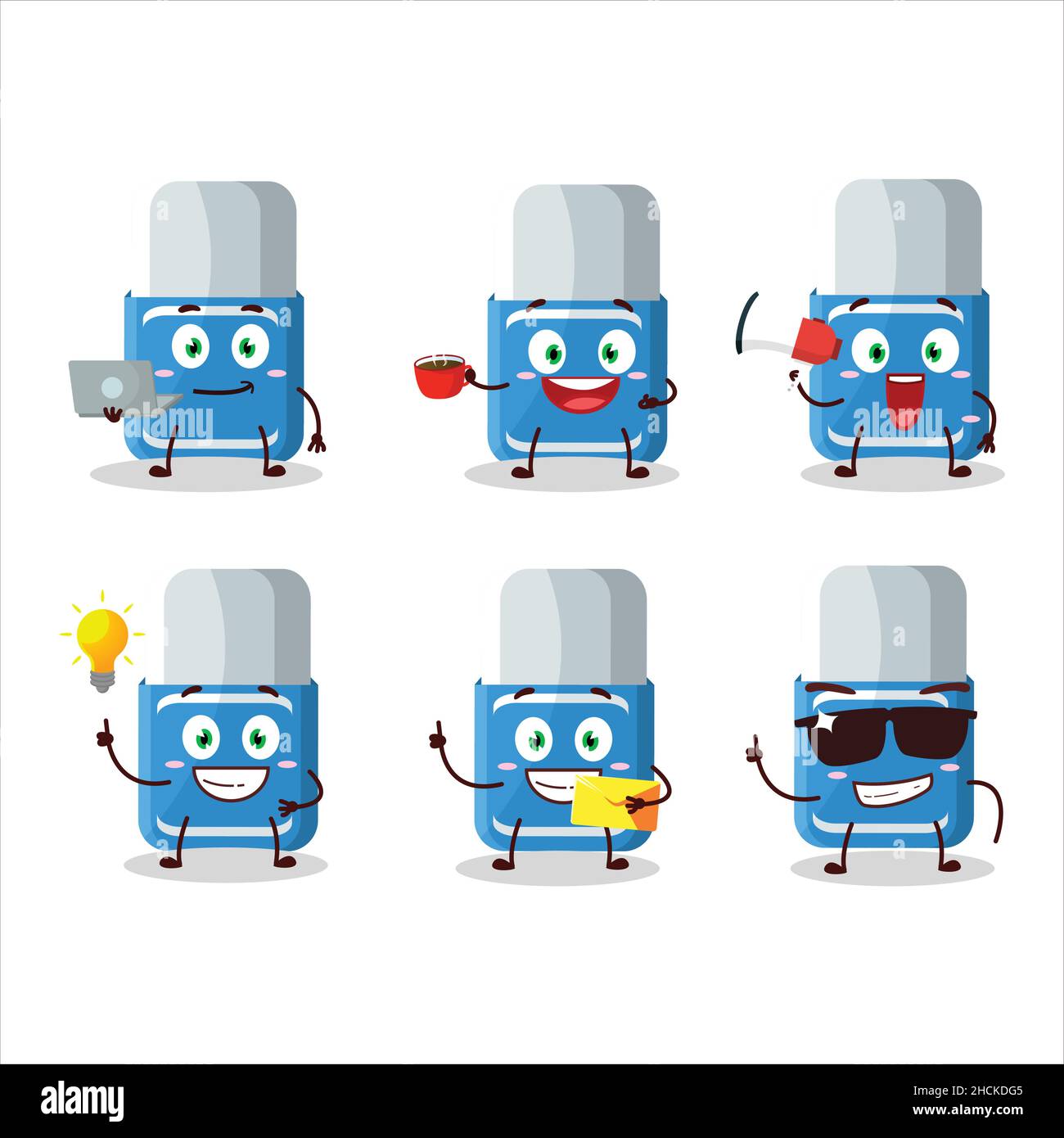 Blauer Radiergummi Cartoon-Figur mit verschiedenen Arten von Business-Emoticons. Vektorgrafik Stock Vektor