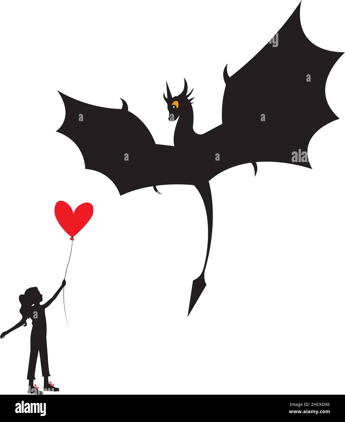 Fliegende Drachen Silhouette und Mädchen mit rotem Ballon isoliert auf weißem Hintergrund, Vektor. Illustration des fliegenden Drachen. Zeichentrickfigur. Kindliche Kunst Stock Vektor