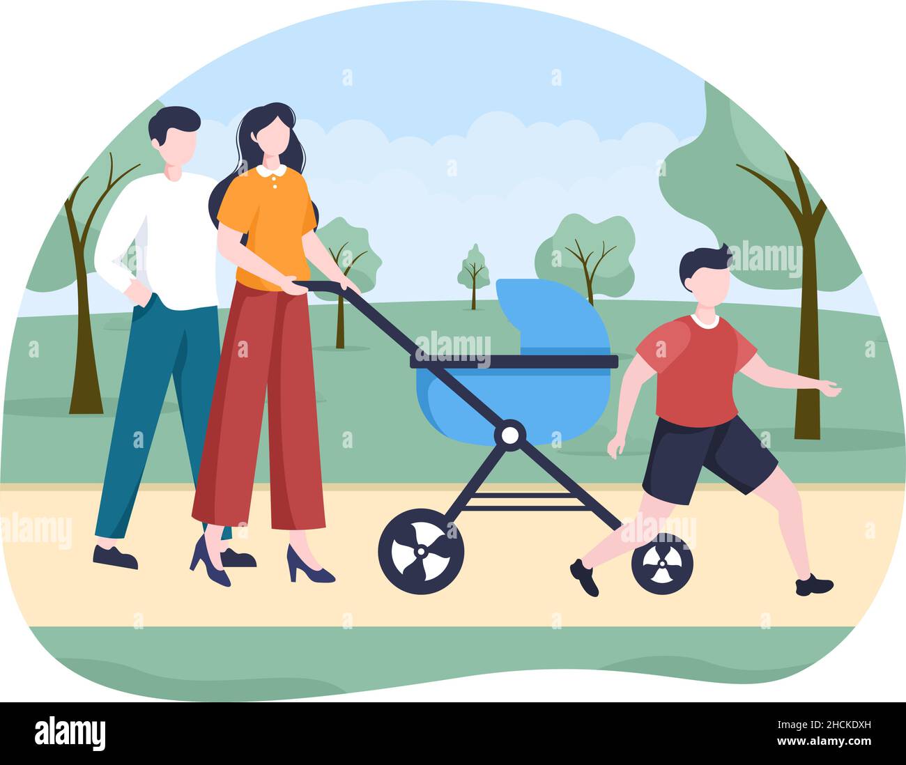 Familienzeit von fröhlichen Eltern und Kindern verbringen Zeit zusammen im Park tun verschiedene entspannende Aktivitäten in Cartoon Wohnung Illustration für Poster oder Stock Vektor