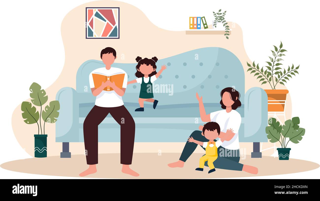 Familienzeit von fröhlichen Eltern und Kindern verbringen Zeit zusammen zu Hause tun verschiedene entspannende Aktivitäten in Cartoon Wohnung Illustration für Poster oder Stock Vektor