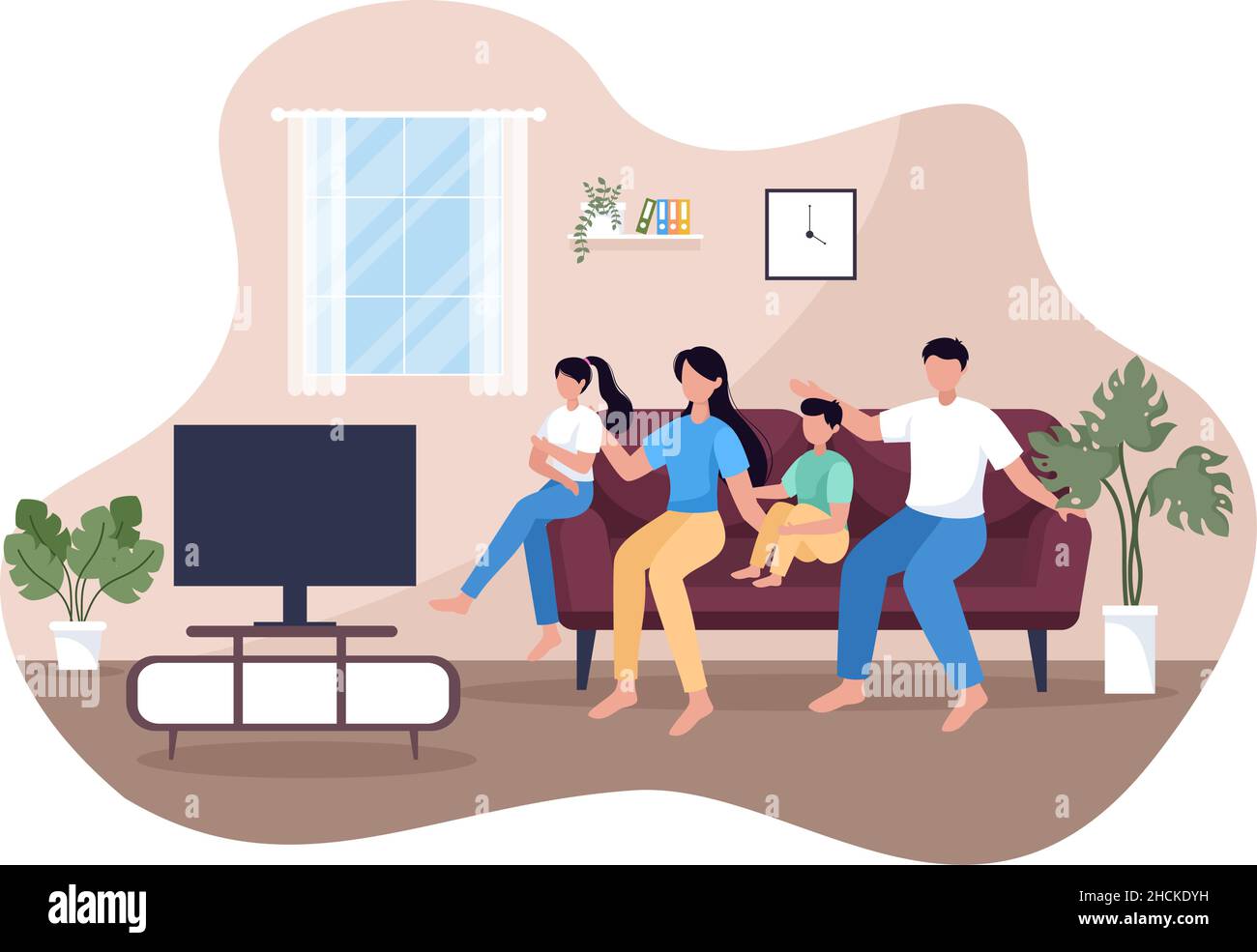Familienzeit von fröhlichen Eltern und Kindern verbringen Zeit zusammen zu Hause tun verschiedene entspannende Aktivitäten in Cartoon Wohnung Illustration für Poster oder Stock Vektor