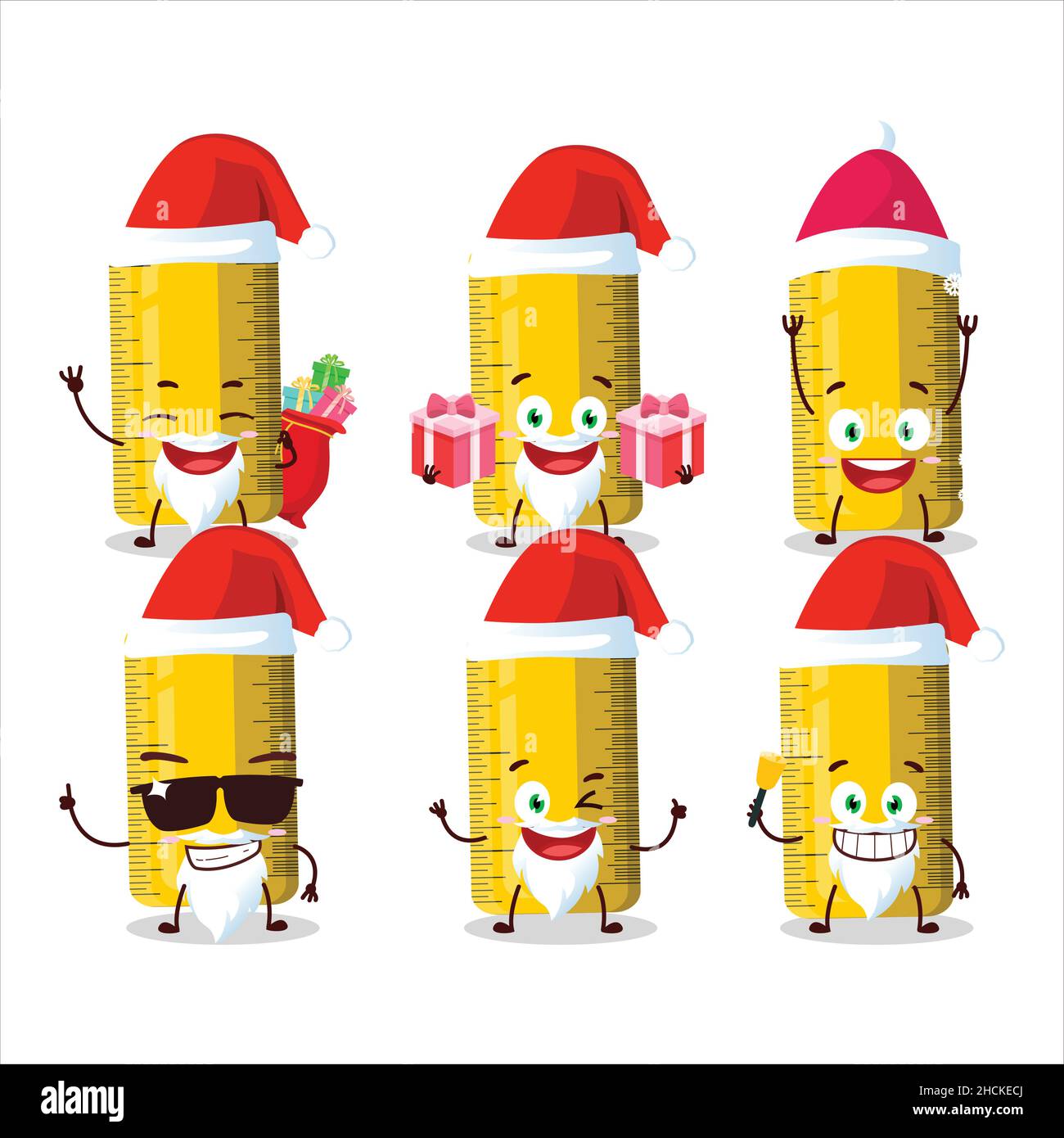 Weihnachtsmann Emoticons mit gelben Lineal Cartoon-Charakter. Vektorgrafik Stock Vektor