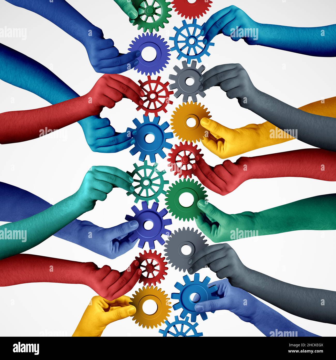 Teamwork-Collaboration-Konzept und die Verbindung von Einheit oder Teamidee als geschäftliche Metapher für den Beitritt zu einer Partnerschaft, da verschiedene Menschen miteinander verbunden sind. Stockfoto