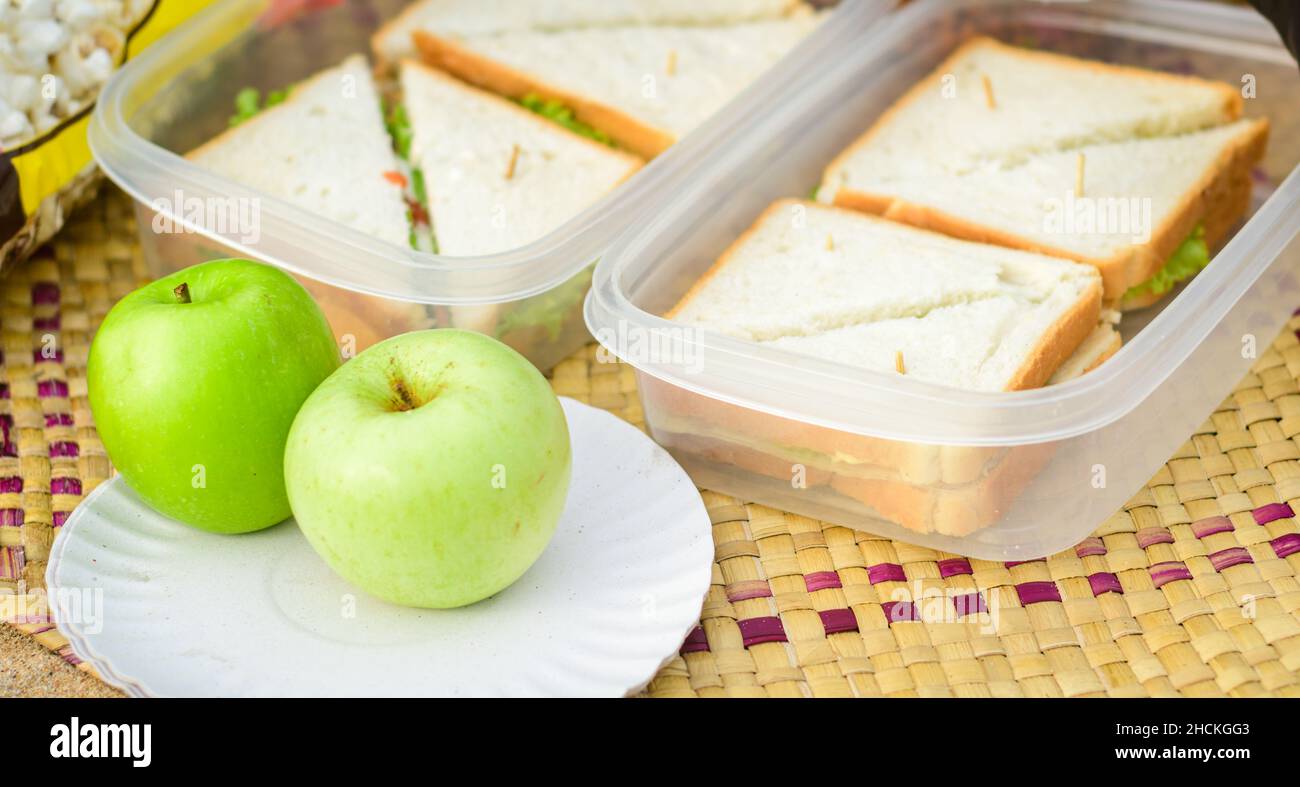 Picknick am Strand, Sandwich-Lunchboxen und grüne Äpfel auf einem Teller. Stockfoto