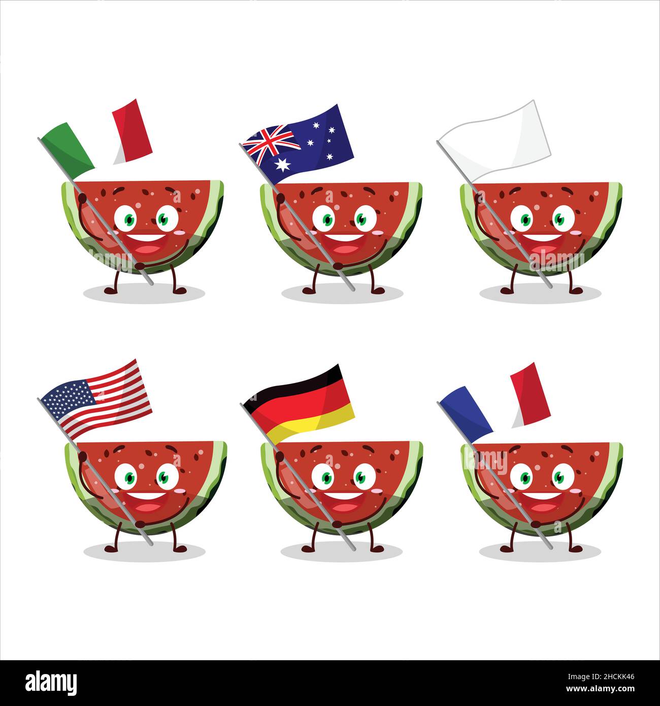 Wassermelone Gummy Süßigkeiten Cartoon-Figur bringen die Flaggen der verschiedenen Länder. Vektorgrafik Stock Vektor