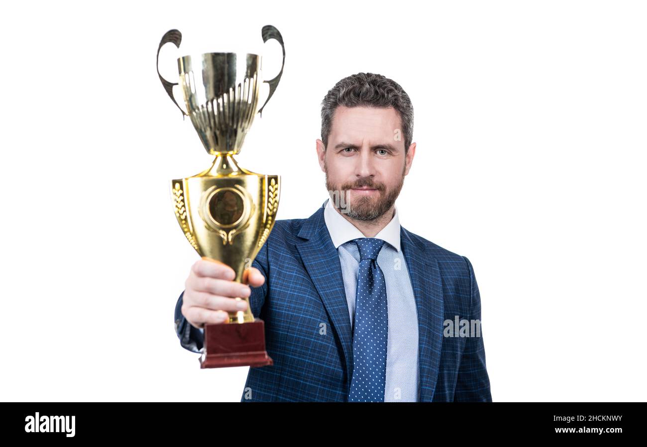 Du hast deinen Preis erhalten. Preis des Regisseurs isoliert auf Weiß. Geschäftserfolg Stockfoto