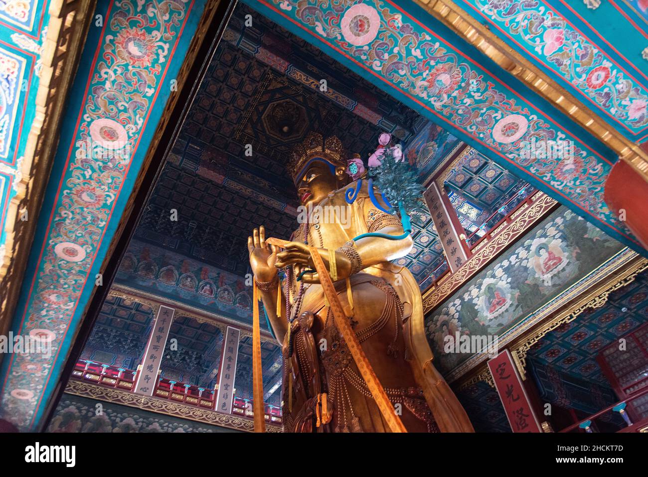 Peking, 24/02/2019. Majestätische Holzstatue von Maitreya, 26 Meter hoch, 8 davon unterirdisch, aus einem einzigen Block aus weißem Sandelholz geschnitzt Stockfoto