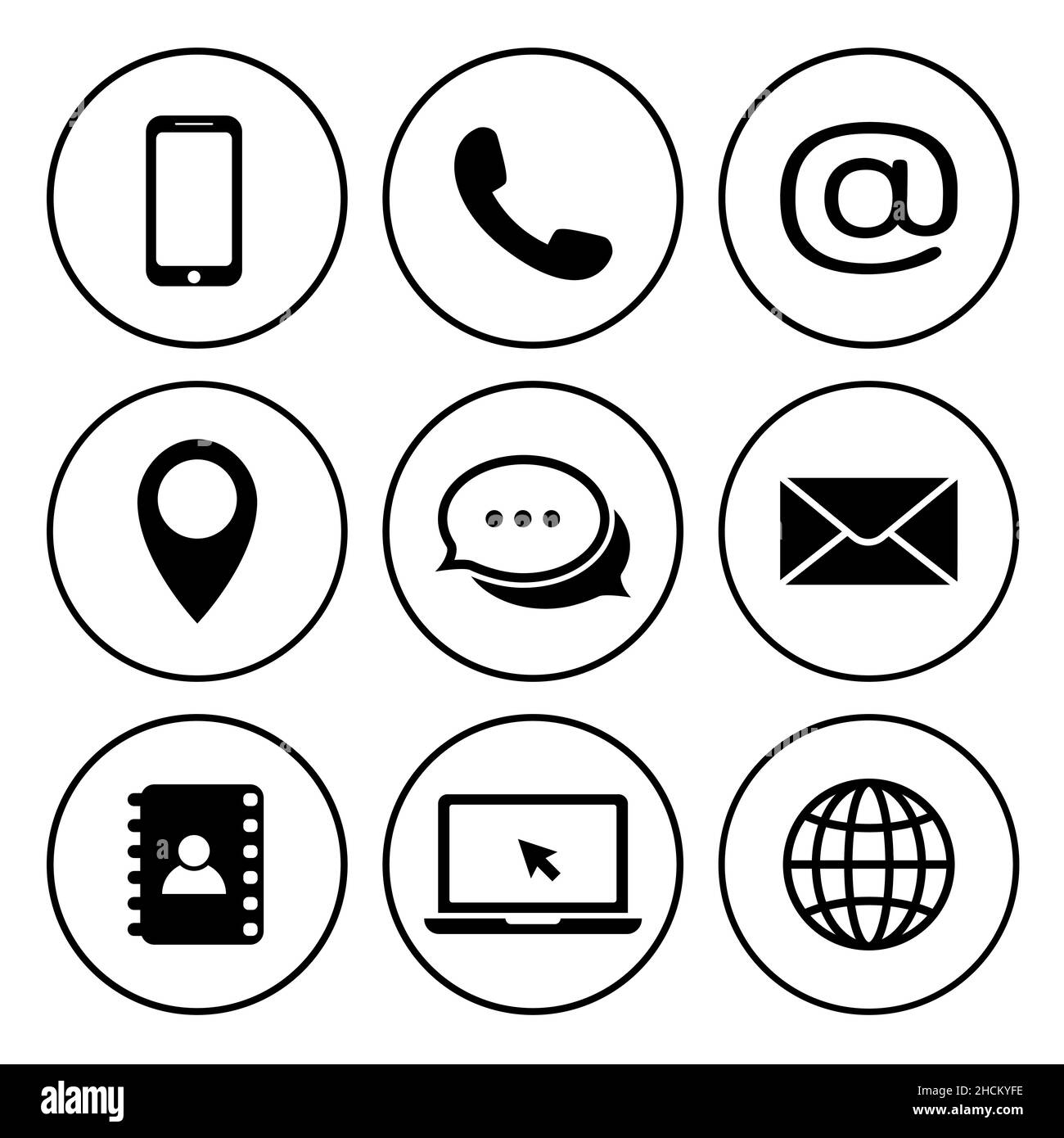 Kontaktieren Sie uns Symbole im Kreis. Sammlung von Kommunikationssymbolen. Symbole für Kontakt, E-Mail, Mobiltelefon, Nachrichten. Telefon, Mobiltelefon, Nachricht, Standort Stock Vektor