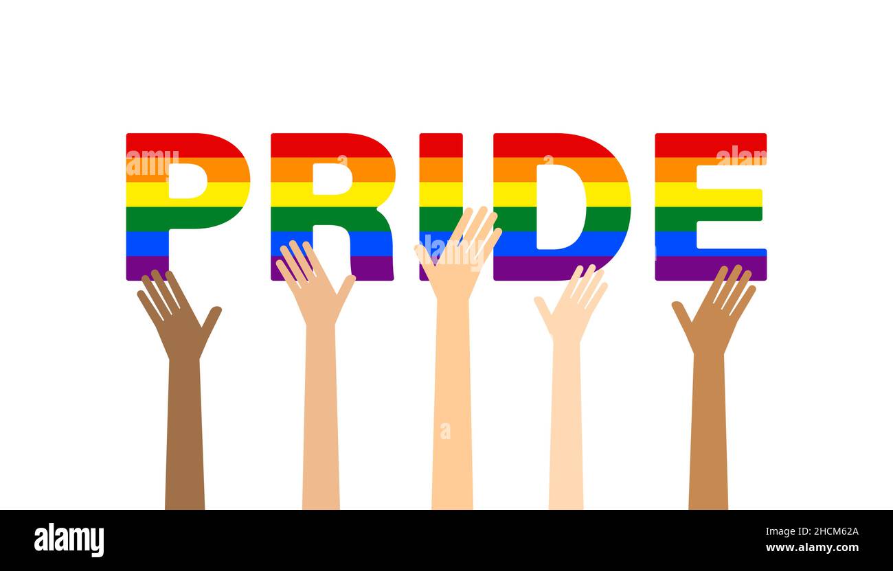 Multiethnisch erhöhte Hände halten zusammen STOLZ Wort auf weißem Hintergrund. LGBT-Homosexuell stolz Konzept. Vektorgrafik Stock Vektor