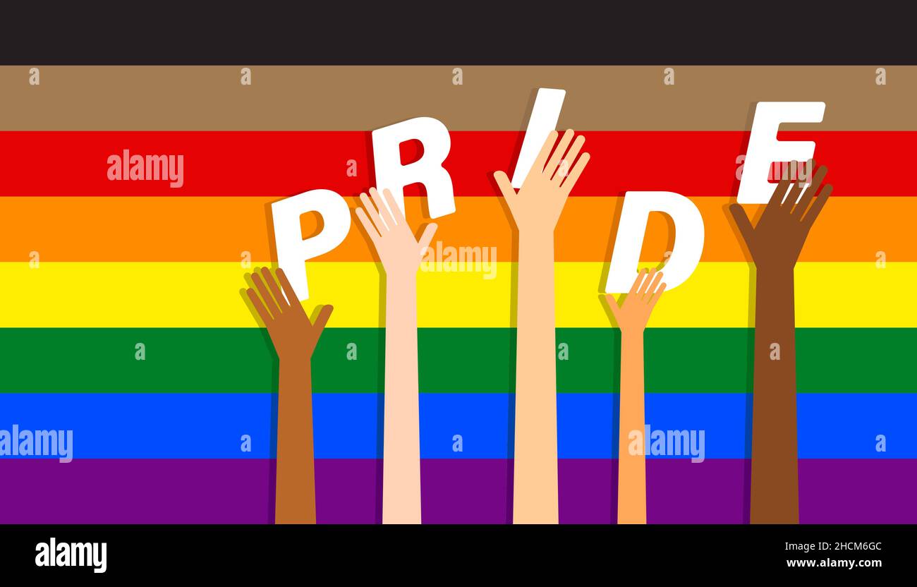 Mehrfarbige erhöhte Hände halten zusammen STOLZ Wort auf neue Stolz Flagge Hintergrund. LGBT-Homosexuell stolz Konzept. Vektorgrafik Stock Vektor