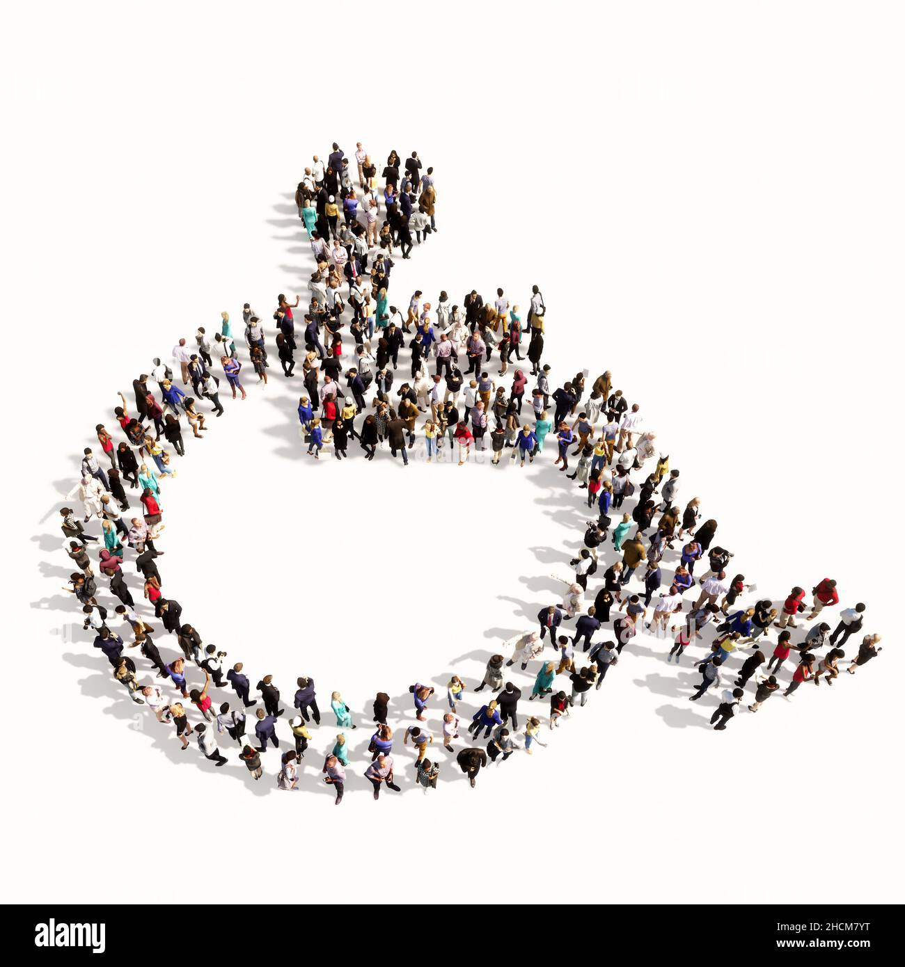 Konzept konzeptuelle große Gemeinschaft von Menschen bilden die Rollstuhl Zeichen. 3D Illustration Metapher für Rehabilitation, Assistenz, Zugänglichkeit Stockfoto