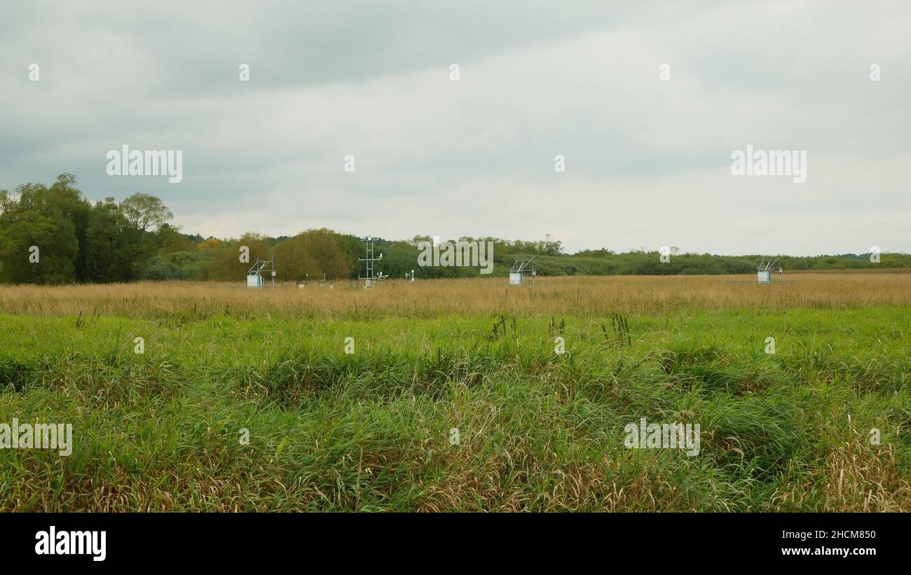 Forschungsstation zur Untersuchung von Feuchtgebieten Wiesen Ökosystem Wetterstation Sumpf mit Weiden, Kreislauf- und Kohlenstofffluss, Wirbelkovarianz, Methanforschung, Stockfoto