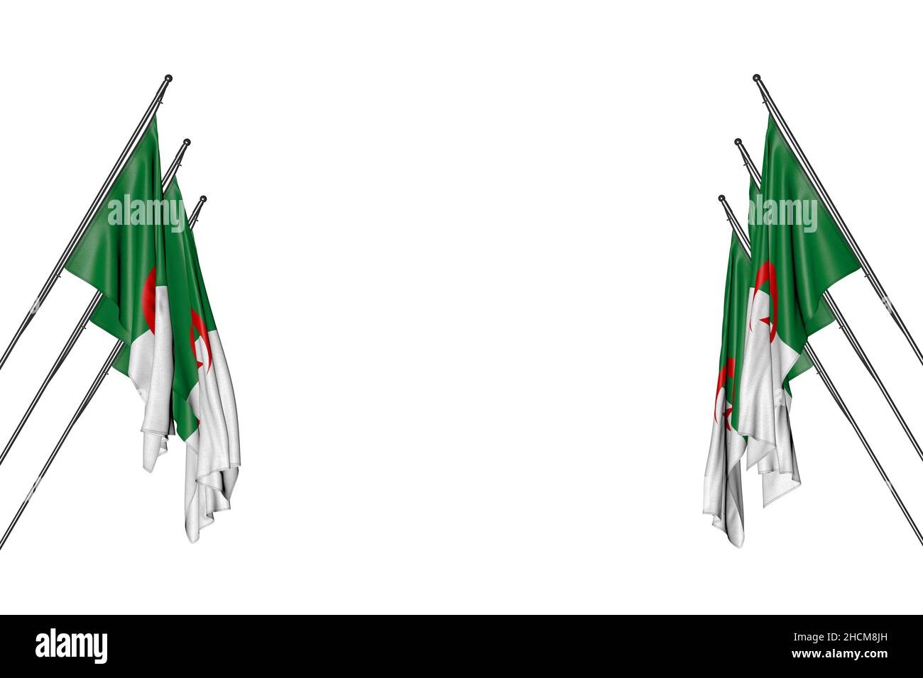 Niedliche viele algerische Flaggen hängen an diagonalen Polen von links und rechts isoliert auf weiß - jede Festflagge 3D Illustration Stockfoto