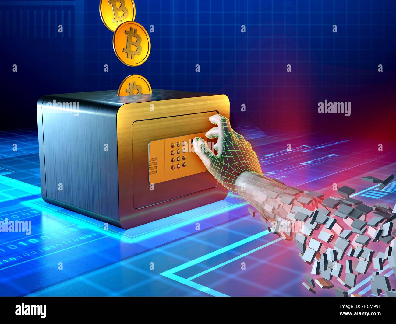 Hackerhand materialisiert sich im Cyberspace und nähert sich einer Krypto-Währungseinlage. Digitale Illustration. Stockfoto