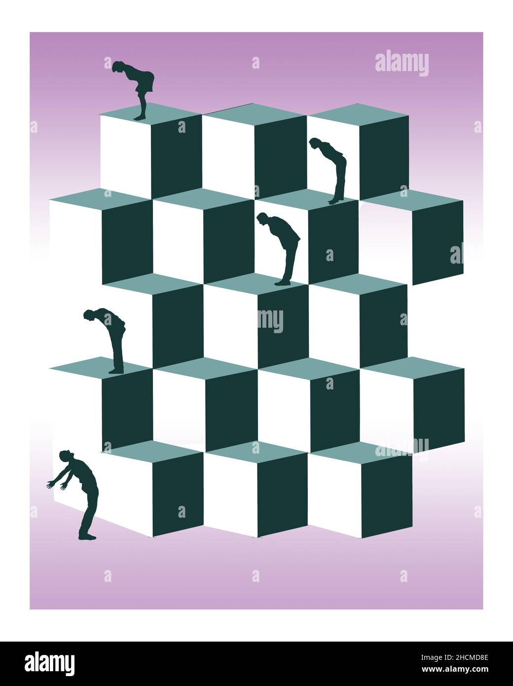 Ein Mann wird von anderen Menschen zurückgelassen, die in dieser 3-d-Illustration auf einer Reihe von Würfeln höher geklettert sind Stockfoto