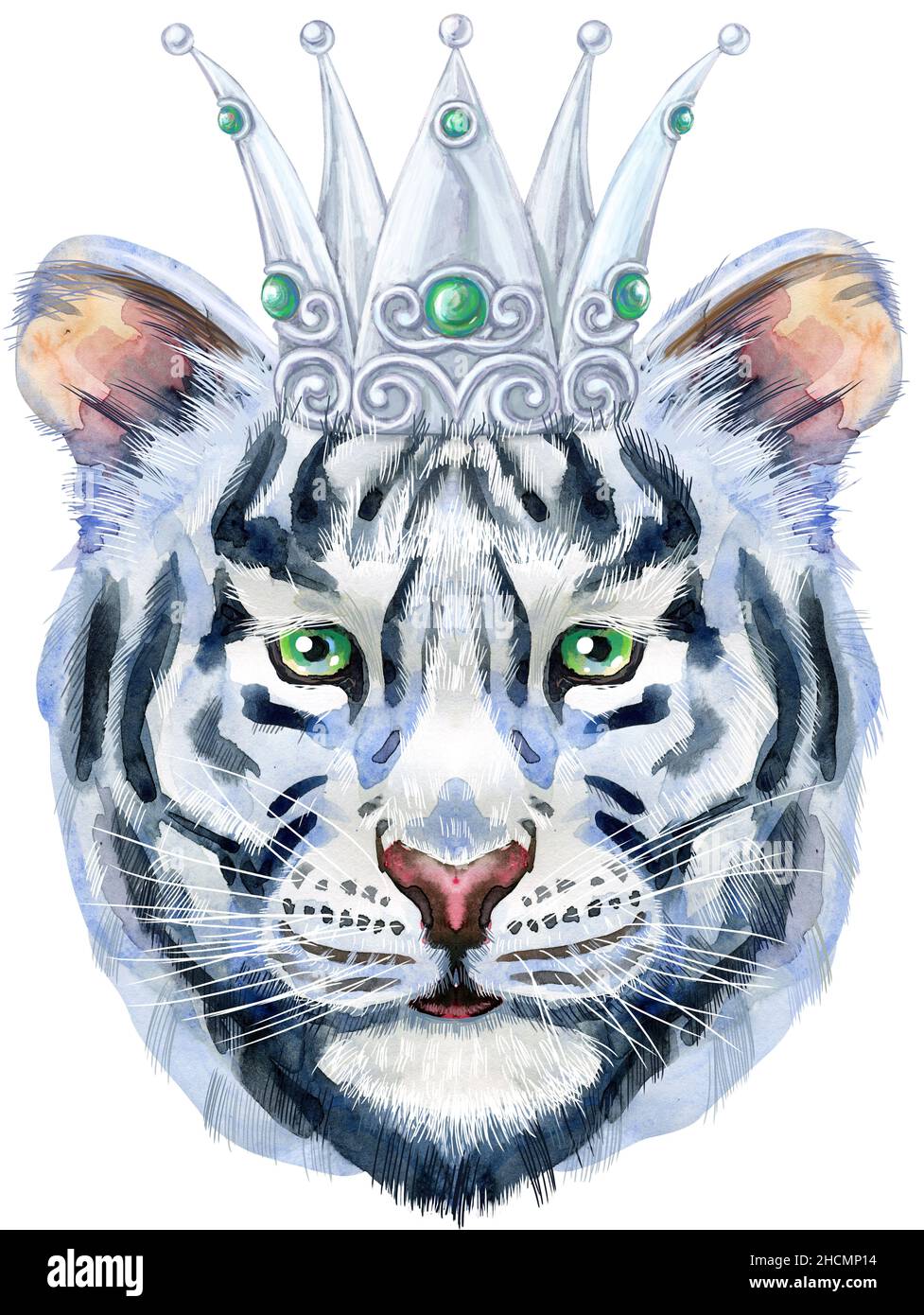 Aquarell-Illustration des weißen Tigers in silberner Krone Stockfoto