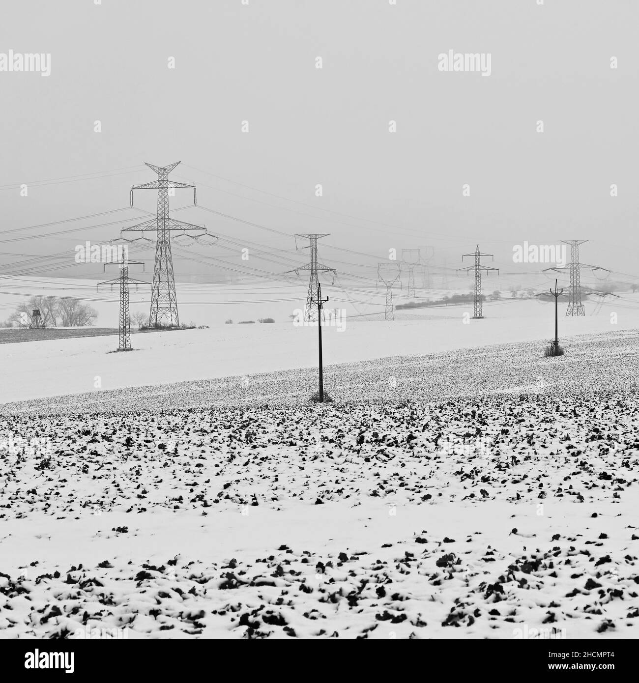 Hochspannungsmasten in der Winterlandschaft mit Schnee. Teure Heizung im Winter und steigende Strompreise in Europa. Stockfoto