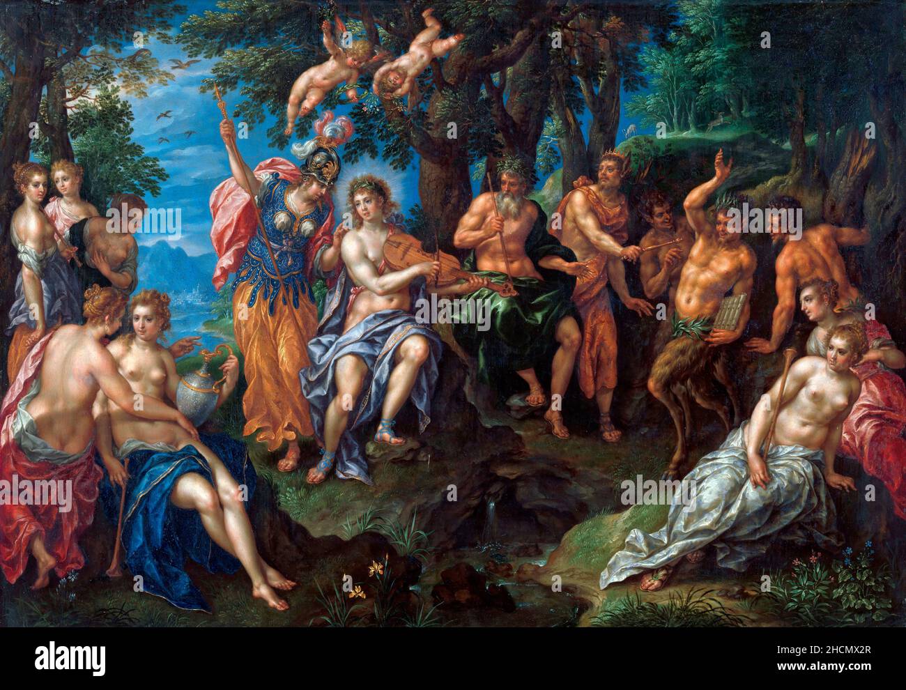 Der Wettbewerb zwischen Apollo und Pan des flämischen Künstlers Hendrick de Clerck (c. 1560-1630), Öl auf Kupfer, c. 1600-1615 Stockfoto