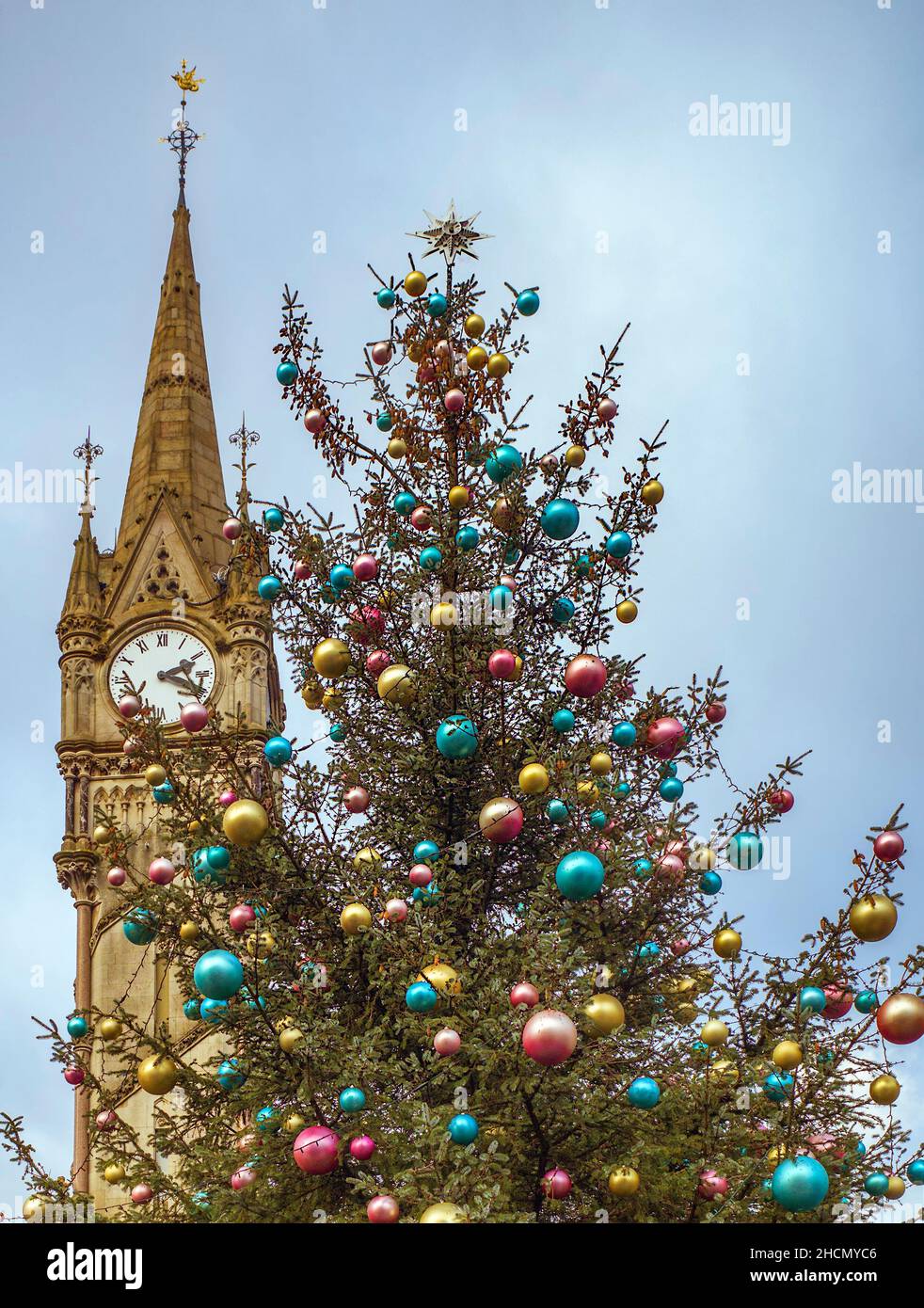 Der Leicester Weihnachtsbaum neben dem Haymarket Memorial Clock Tower ist ein wichtiges historisches Wahrzeichen und beliebter Treffpunkt. Stockfoto