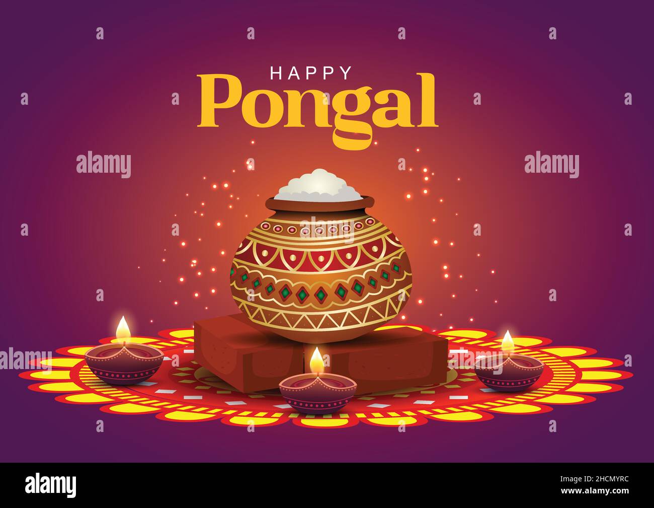 Happy Pongal Feiern Banner, Vorlage oder Poster Design. Südindisches Erntefest mit religiösen Opfergaben und traditionellem Topf auf dunklem Backgr Stock Vektor