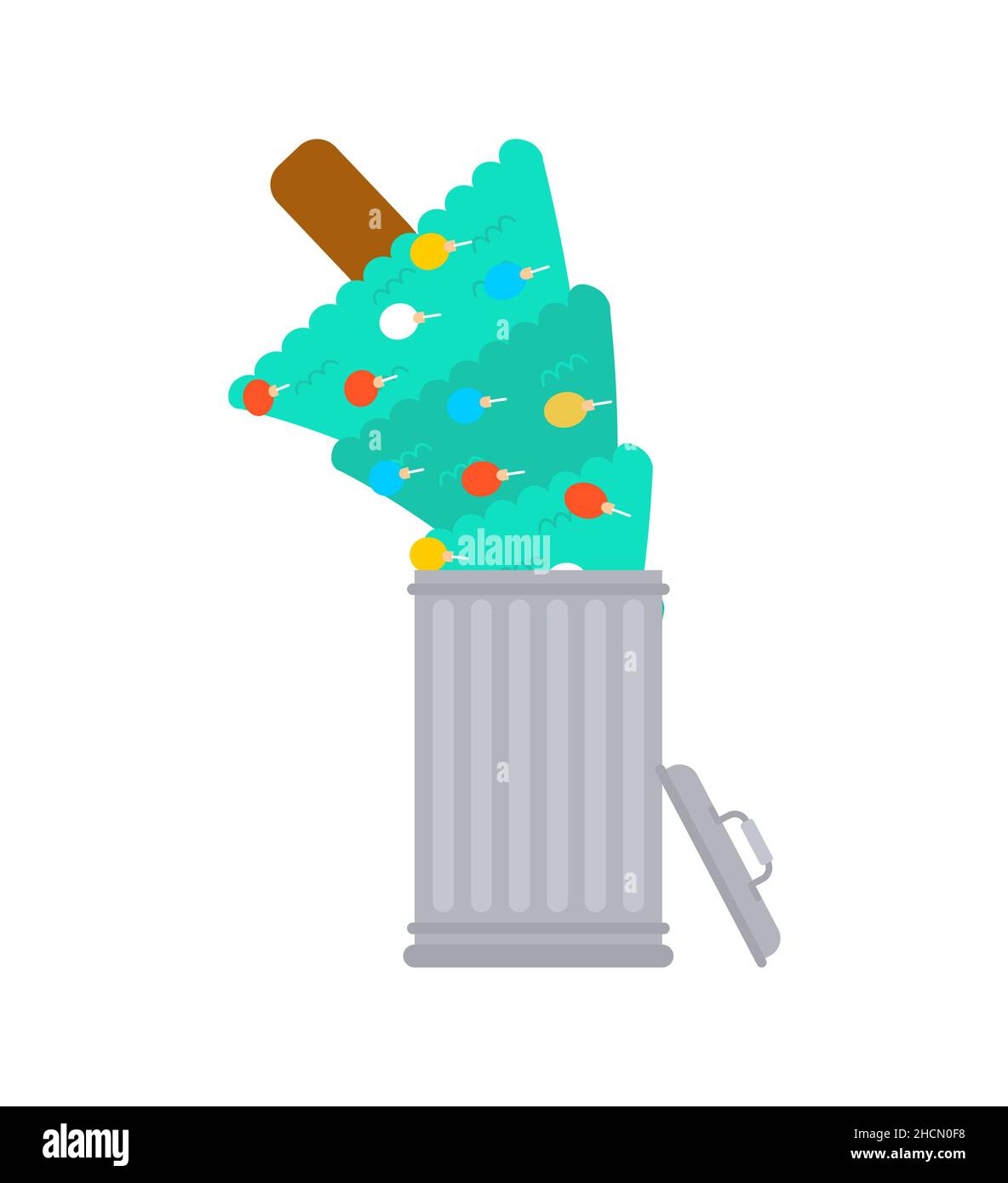 Weihnachtsbaum in Mülleimer. Werfen Sie den Weihnachtsbaum weg. Werfen Sie den Urlaub in den Müll. Konzept für das Ende der Feiertage. Stock Vektor