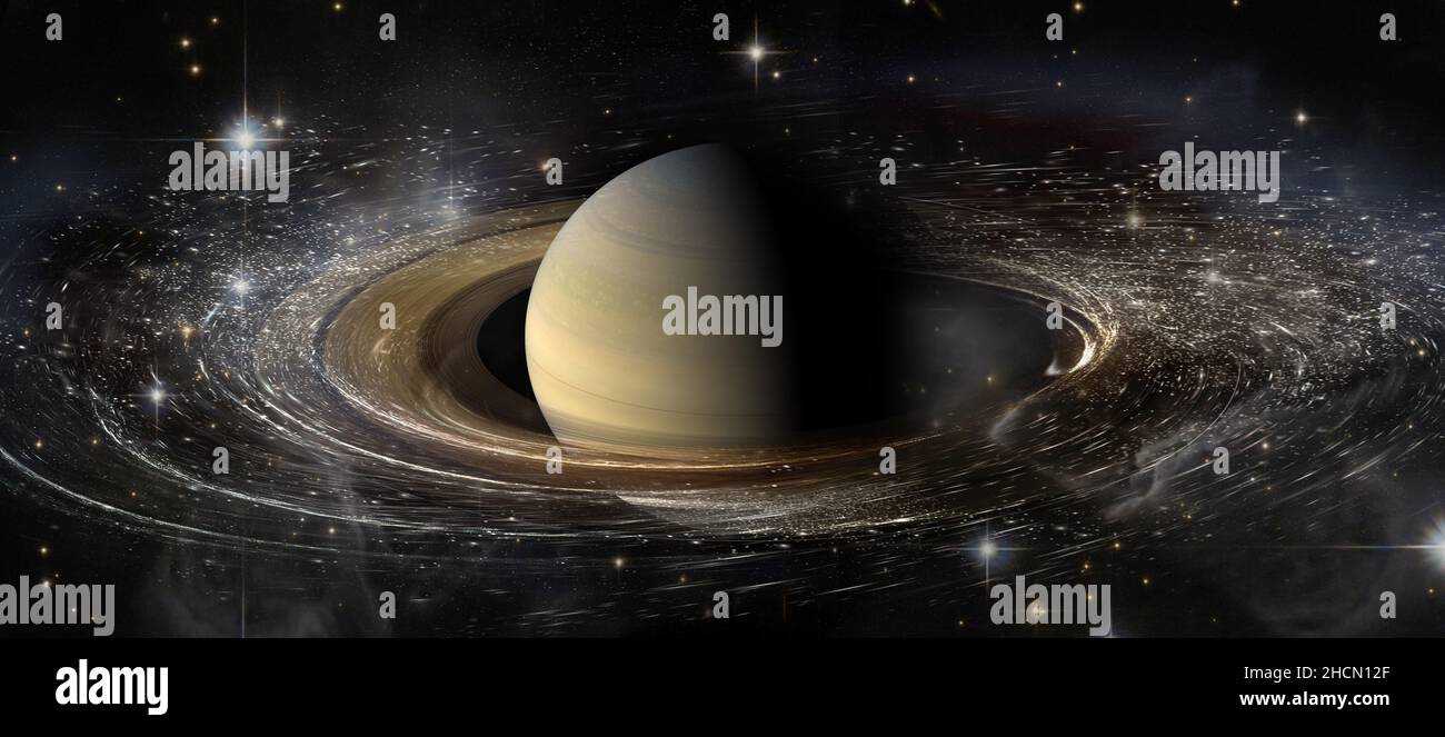 Saturn-Planet mit Ringen im Weltraum zwischen Sternstaub und Sraren. Elemente dieses Bildes, die von der NASA eingerichtet wurden. Stockfoto