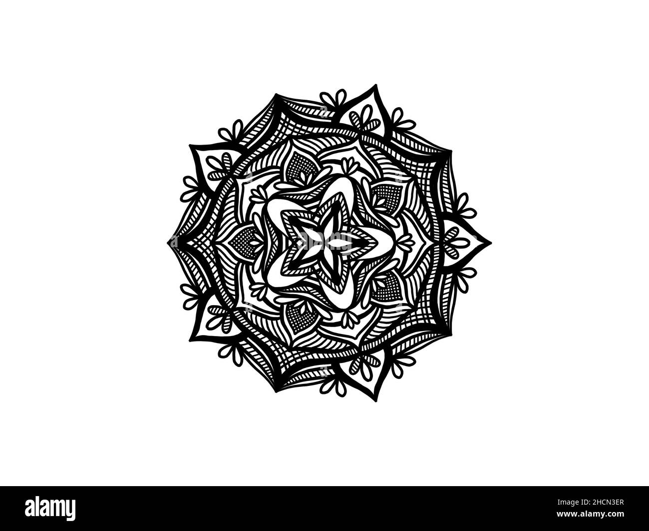 Schwarz-weißes Blumenmandala mit Blättern Ornament von Hand gezeichnet Stockfoto