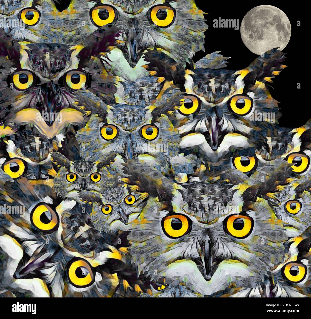 Eine Schar großer gehörnter Eulen hat ihre Augen auf Sie, den Betrachter in dieser 3-d-Illustration über die Tierwelt. Stockfoto
