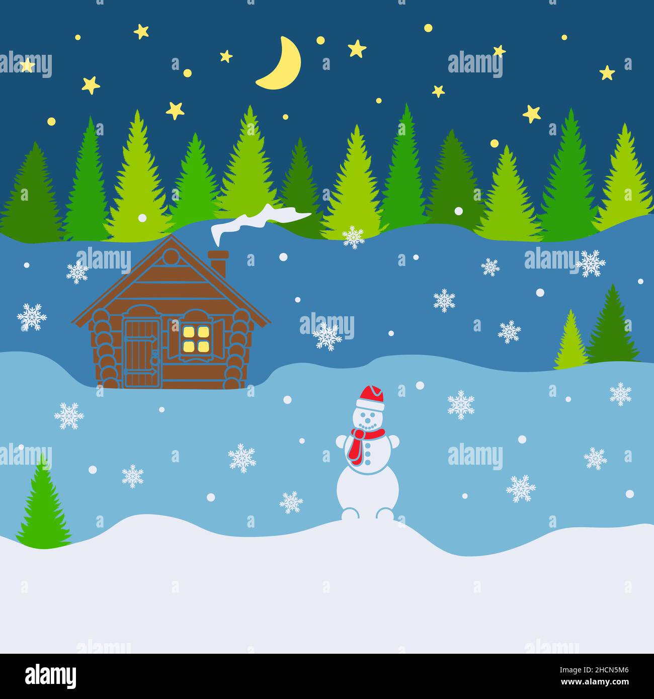 Winter Farbe Vektor Hintergrund mit Wald, Haus, Schneemann und Sternenhimmel. Stock Vektor