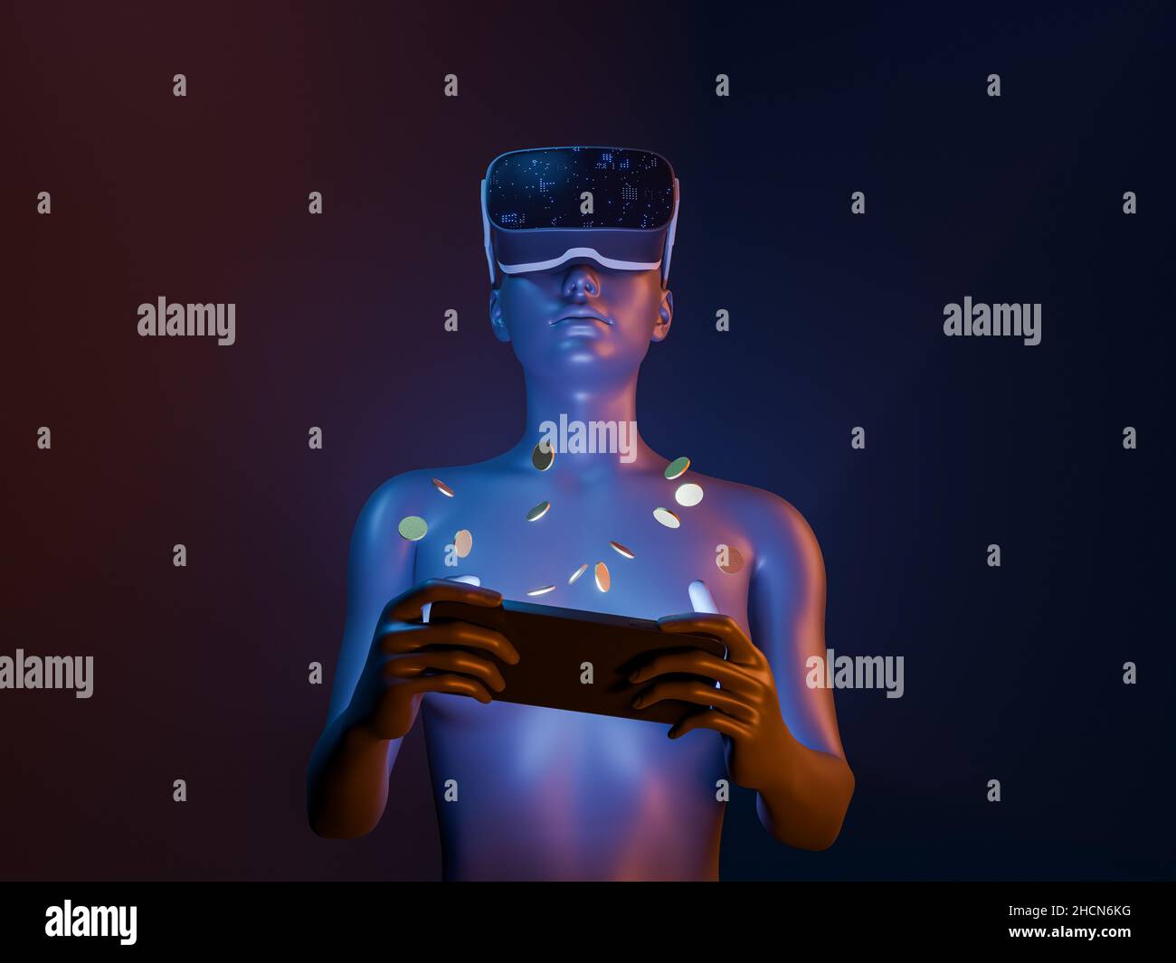 3D Mädchen spielt mit Handy mit Münzen herum und VR-Brille. Neonlichter.  Futuristisches Konzept der Metaverse, spielen zu verdienen, nft und  cryptocurrenci Stockfotografie - Alamy