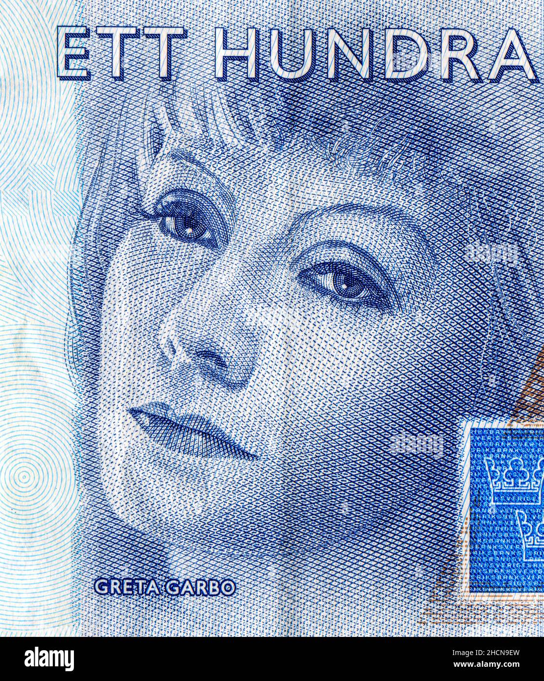 Greta Garbo Porträt aus Schweden 100 Kronen Banknote, Nahaufnahme Stockfoto