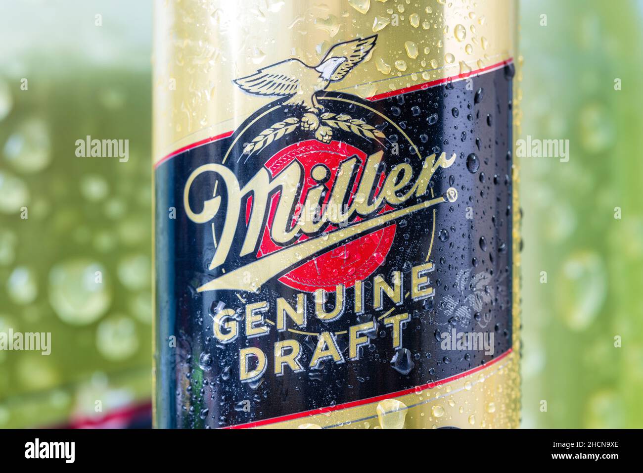 Etikettendesign eines Miller Genuine Draft Beer Can.Dec 30, 2021 Stockfoto
