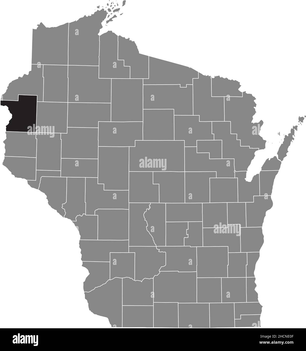 Schwarz markierte Standortkarte des Polk County in grauer Verwaltungskarte des Bundesstaates Wisconsin, USA Stock Vektor