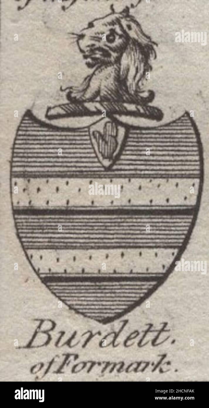 Antiker 18thJahrhundertStich heraldisches Wappen, Englisch Burdett of Formark