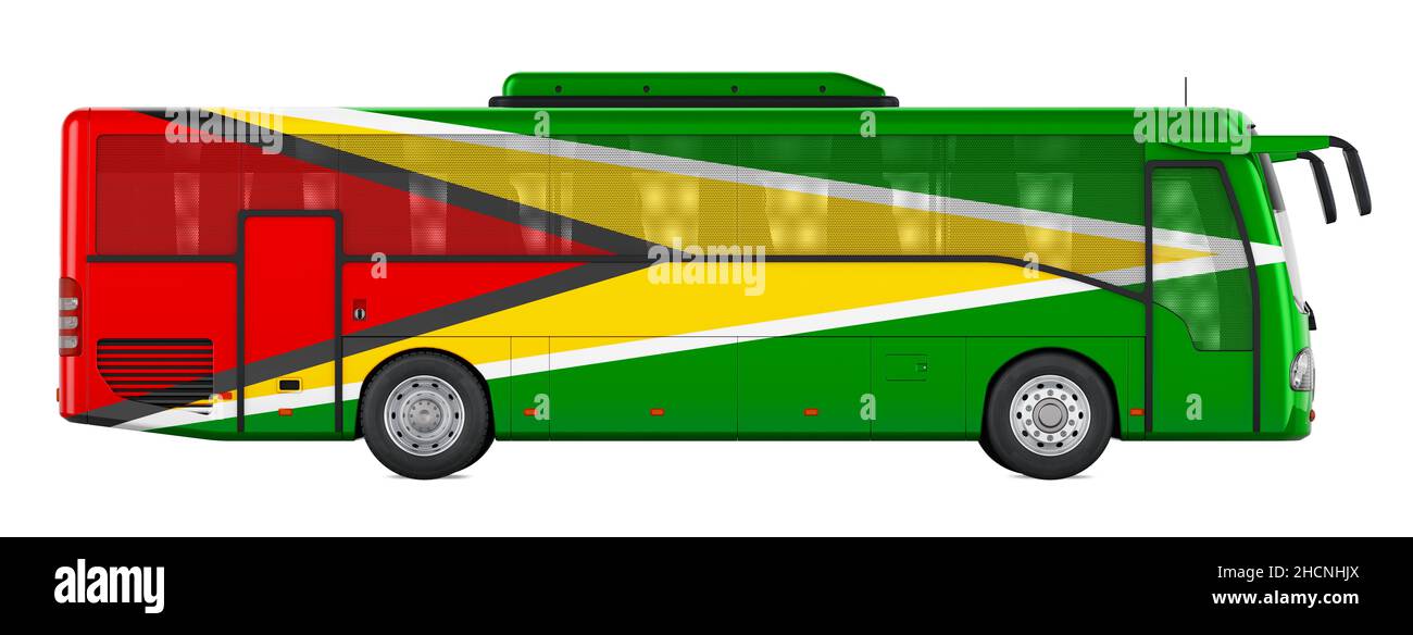 Busreisen in Gayana, Bustouren Guyanese, Konzept. 3D Darstellung isoliert auf weißem Hintergrund Stockfoto