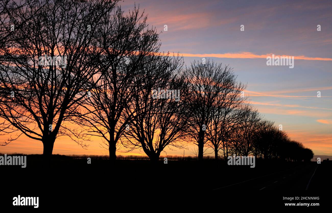 Sonnenuntergang direkt an der A15 nördlich von Hibaldstow, Lincolnshire, Großbritannien Stockfoto