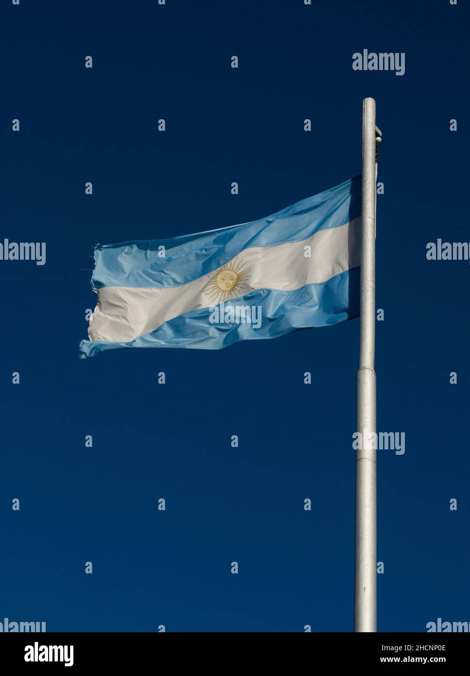 Flagge der Argentinischen Republik flattert im Wind auf ihrem Mast. Symbol des Patriotismus und Zugehörigkeit zum argentinischen Land Stockfoto