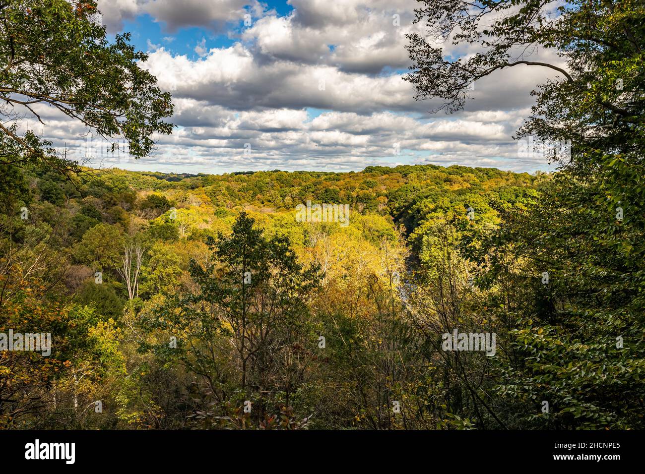 Ein Blick auf Tinkers Creek vom Gorge Parkway aus blickt auf den Weg durch den Cuyahoga Valley National Park während der Herbstfärbung der Blätter Stockfoto