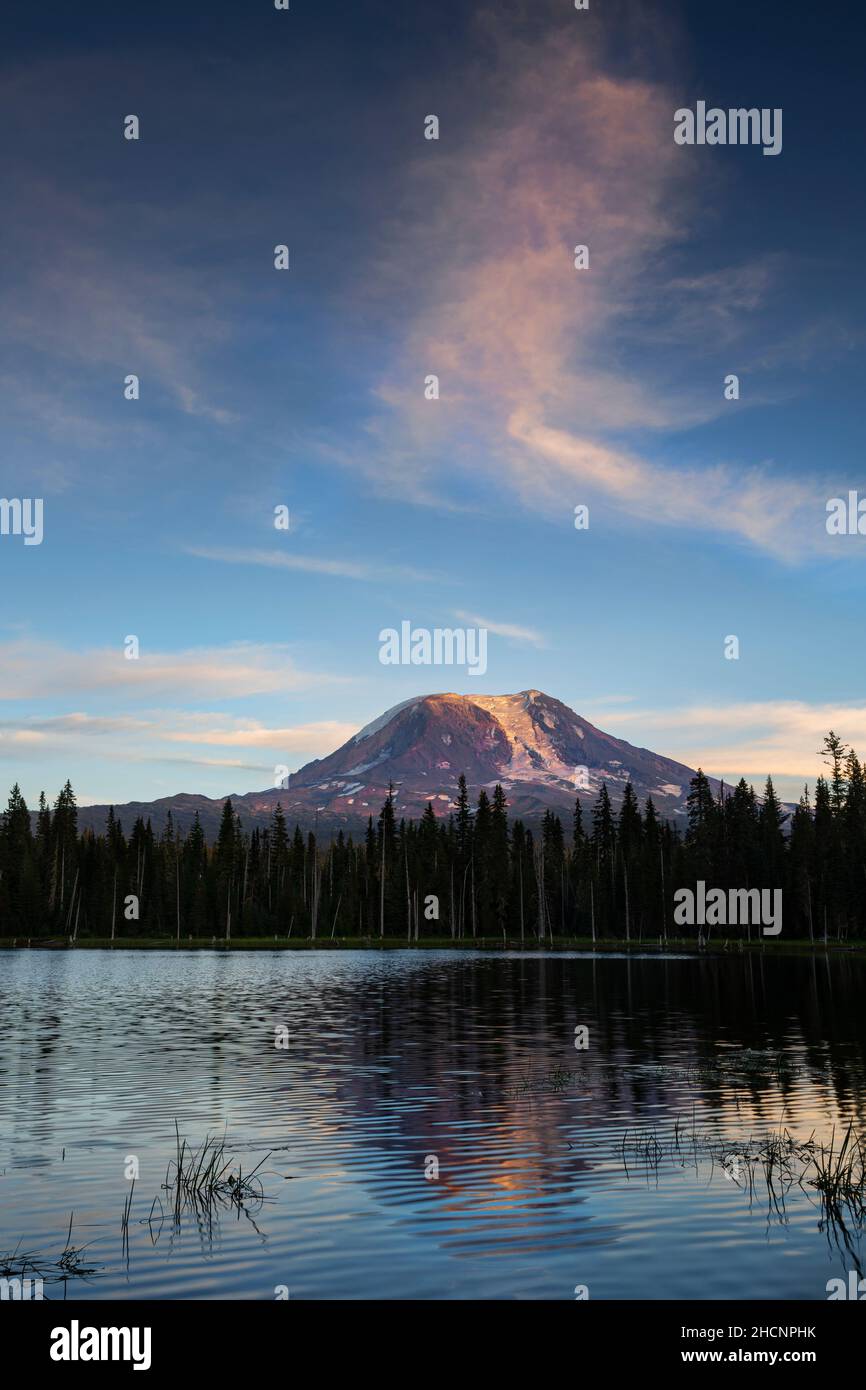 WA19954-00...WASINTON - Sonnenuntergang auf Mount Adams, der sich im zerzausten Wasser des Horseshoe Lake im Gifford Pinchot National Forest widerspiegelt. Stockfoto