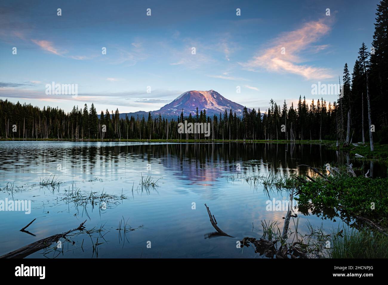 WA19957-00...WASINTON - Sonnenuntergang auf Mount Adams, der sich am Horseshoe Lake im Gifford Pinchot National Forest widerspiegelt. Stockfoto