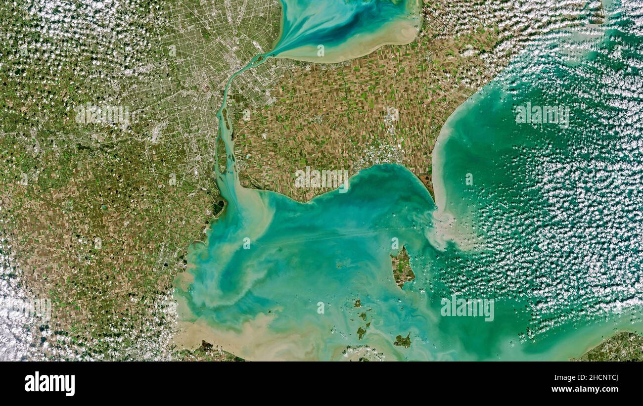 Die Metropolregion um Detroit, Michigan (USA) und Windsor, Ontario (Kanada), zusammen mit den benachbarten Lake St. Clair und Lake Erie. Stockfoto