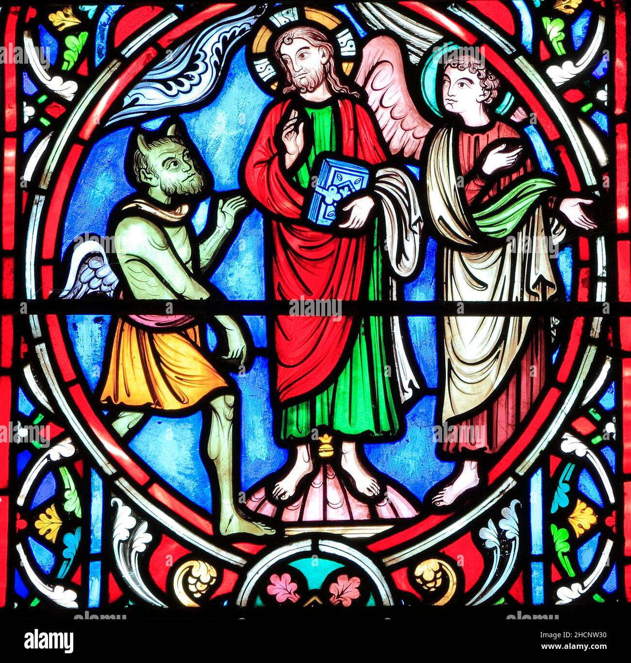 Szene aus dem Leben Jesu, von Adolph Didron, Paris, 1860, gebeizt Glas Fenster, Feltwell, Norfolk, England... Jesus versucht durch Satan in der Judäischen Wüste Stockfoto