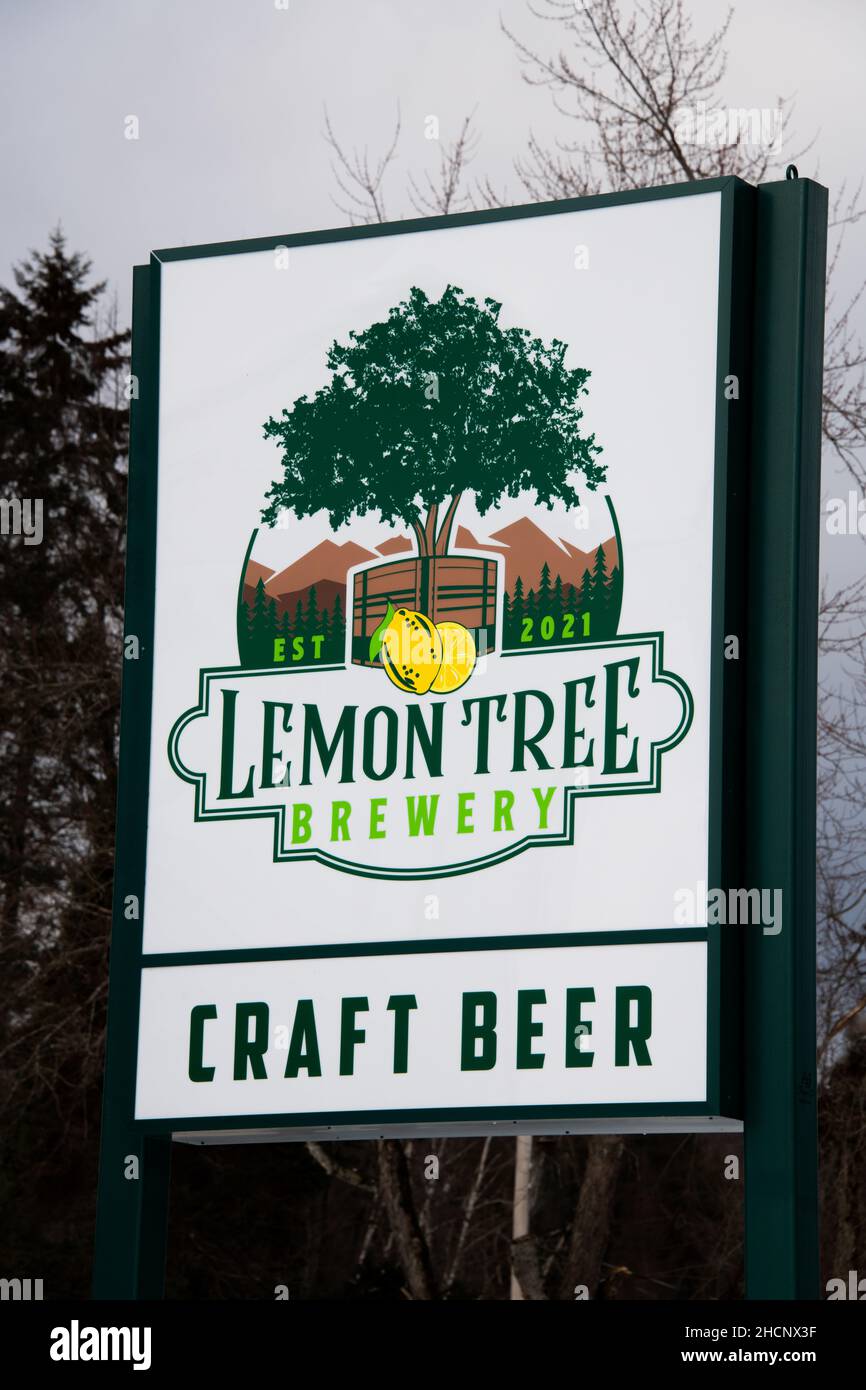 Ein Schild für die Lemon Tree Brewery in Speculator, NY, die eine Auswahl an Craft-Bier-Weinen und Snacks aus der Region serviert Stockfoto