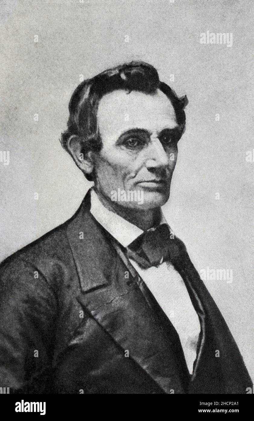 Die Bildunterschrift lautet: 'Lincoln im Jahr 1857 aus einer Photographie in der Sammlung von Charles Carleton Coffin.' Abraham Lincoln war der Präsident der Vereinigten Staaten von 16th. Er diente vom 1861. März bis zu seiner Tötung am 15. April 1865. Er wurde 1860 auf der Convention zum republikanischen Kandidaten gewählt. Lincoln war Rechtsanwalt, aber bevor er zur Juraschule ging, hatte er eine Vielzahl von Jobs inne. Stockfoto