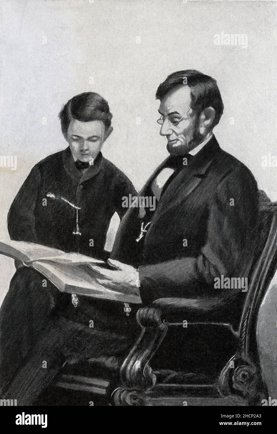 Die Bildunterschrift lautet: 'Lincoln und sein Sohn Thomas, bekannt als TAD - Fron Photograph von Brady.' Abraham Lincoln war der Präsident der Vereinigten Staaten von 16th. Er diente vom 1861. März bis zu seiner Tötung am 15. April 1865. Er wurde 1860 auf der Convention zum republikanischen Kandidaten gewählt. Lincoln war Rechtsanwalt, aber bevor er zur Juraschule ging, hatte er eine Vielzahl von Jobs inne. Stockfoto