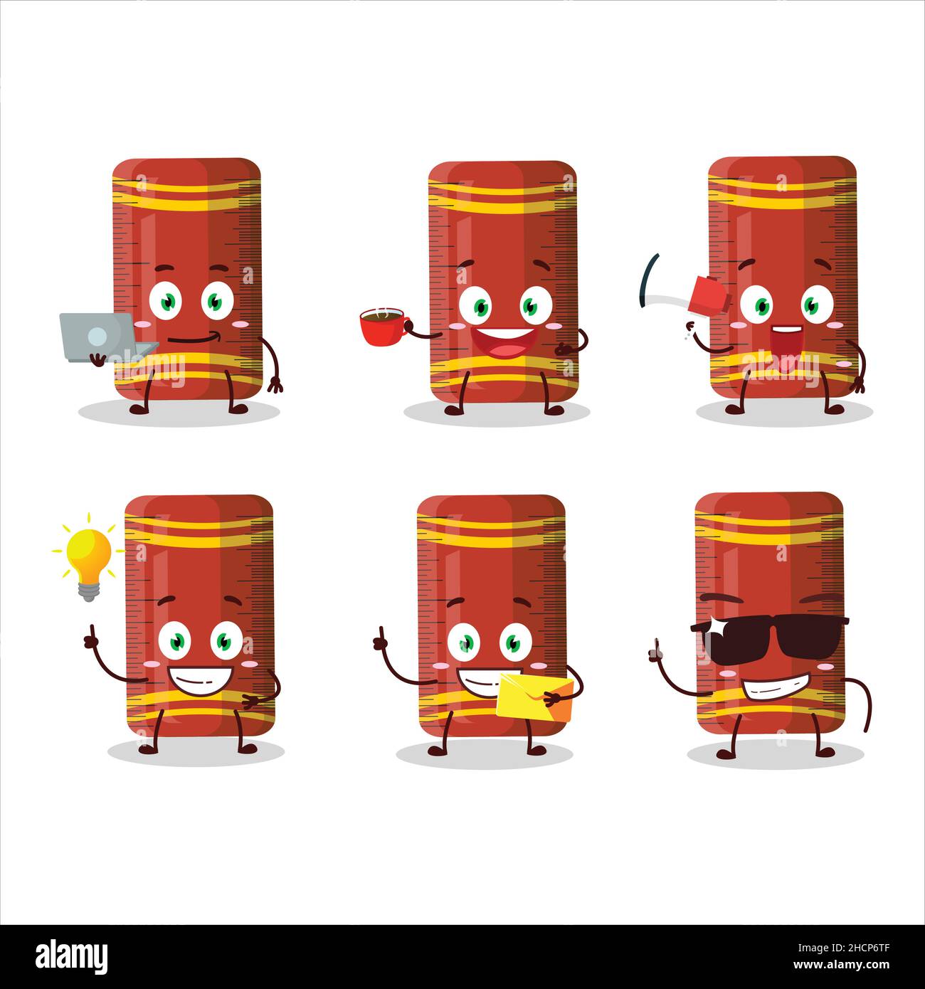 Rote Lineal Cartoon-Figur mit verschiedenen Arten von Business-Emoticons. Vektorgrafik Stock Vektor