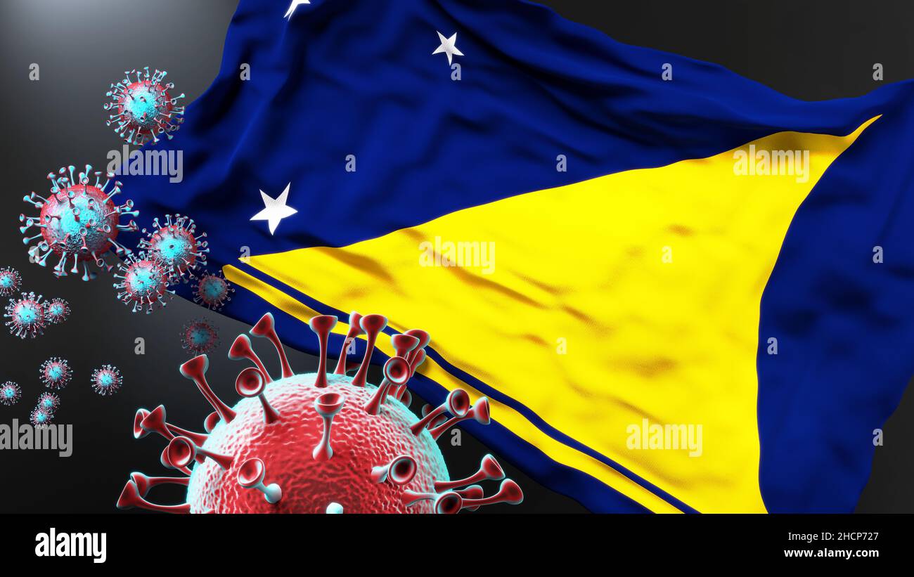 Tokelau und die covid Pandemie - Coronavirus greift die Nationalflagge von Tokelau an, um den Kampf, den Kampf und die Viruspräsenz in dieser Zählung zu symbolisieren Stockfoto